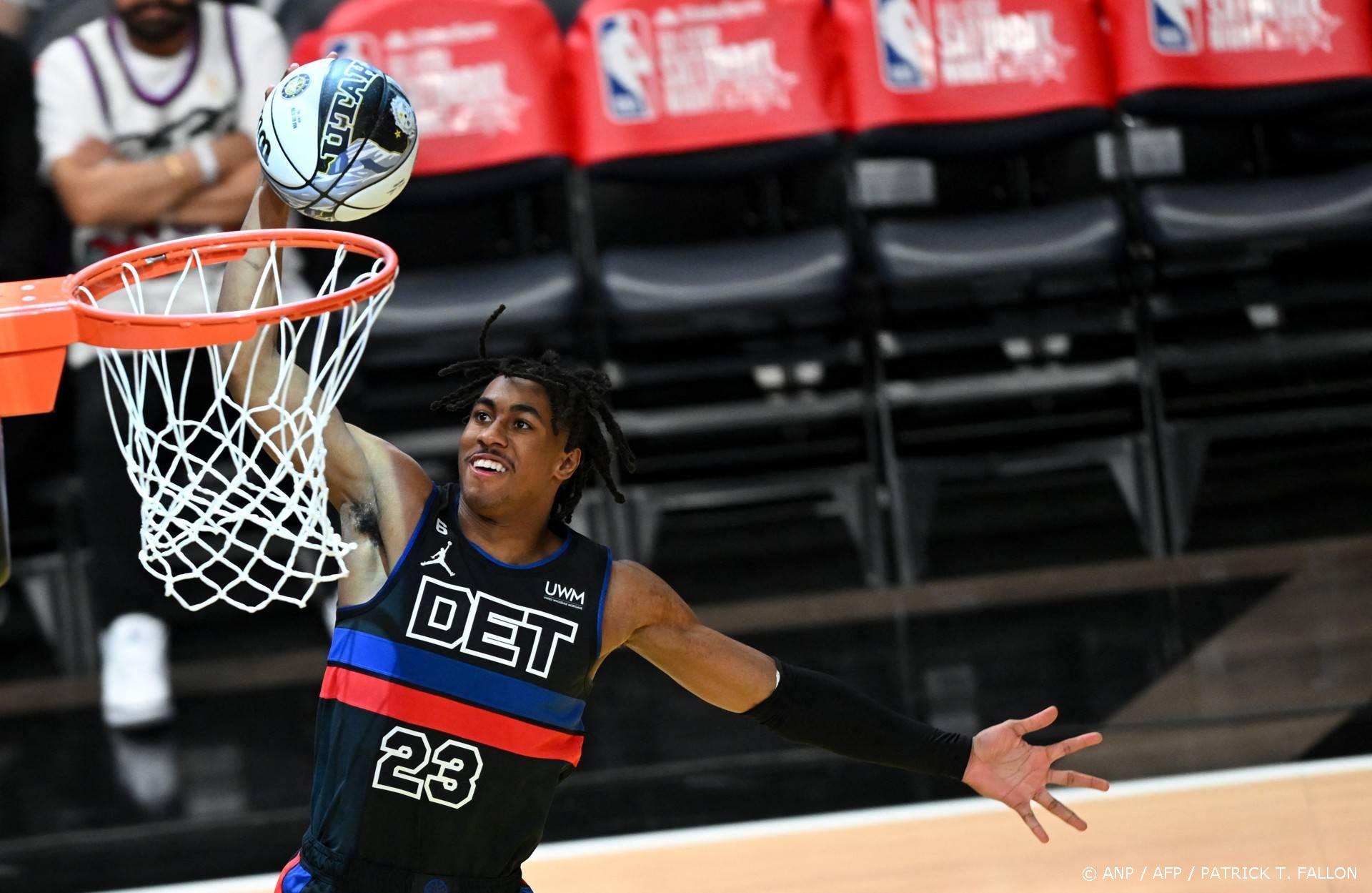 Detroit Pistons' Jaden Ivey scores during the Kia skills challenge relay during the NBA All-Star week-end in Salt Lake City, Utah, February 18, 2023.
 
Patrick T. Fallon / AFP