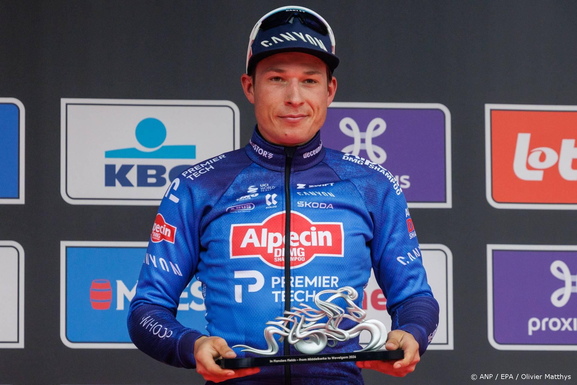 epa12858921 Belgian rider Jasper Philipsen of team Alpecin-Premier Tech poses on the podium after winning the In Flanders Fields - Middelkerke to Wevelgem cycling race in Wevelgem, Belgium, 29 March 2026.  EPA/OLIVIER MATTHYS